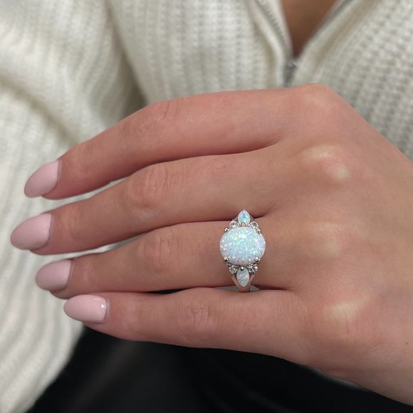 Rachel Koen Opal With Cubic Zirconia Ladies Ring 14K White Gold Size 7.25